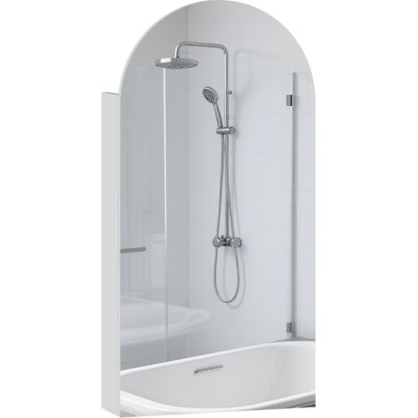 Meuble-lavabo avec miroir, meuble de salle de bain arqué sans cadre avec étagères en verre réglables, blanc.