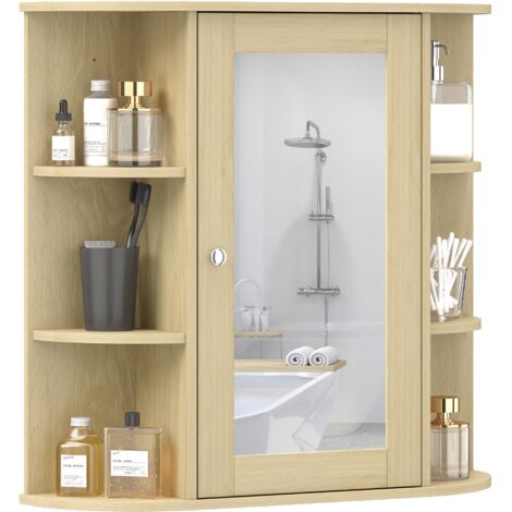 Meuble-lavabo de salle de bain avec miroir, armoire murale avec étagères ouvertes, dimensions : 66 x 17 x 63 cm, couleur bois naturel.