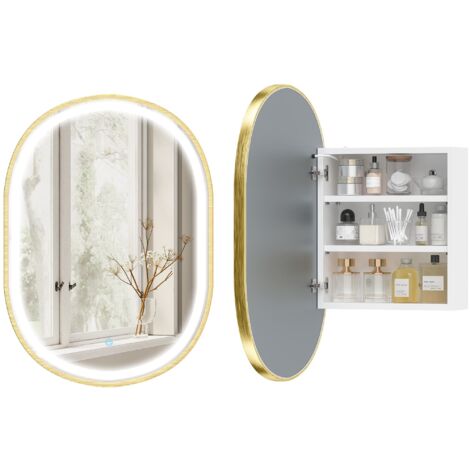 Meuble-lavabo de salle de bain avec miroir et éclairage LED, portes ovales, antibuée, 50x14,5x70 cm, doré.