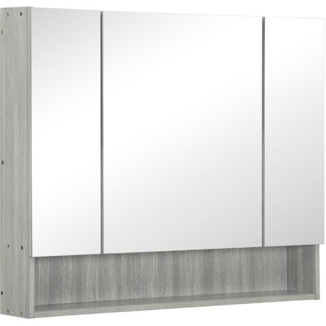 Meuble-lavabo de salle de bain avec miroir, meuble-lavabo à trois portes avec miroir, étagères réglables, 90x15x75 cm, gris.