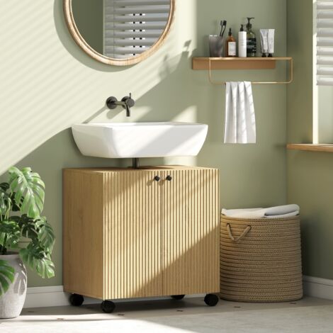 Meuble-lavabo de salle de bain, étagère à 3 niveaux, roulettes, bois