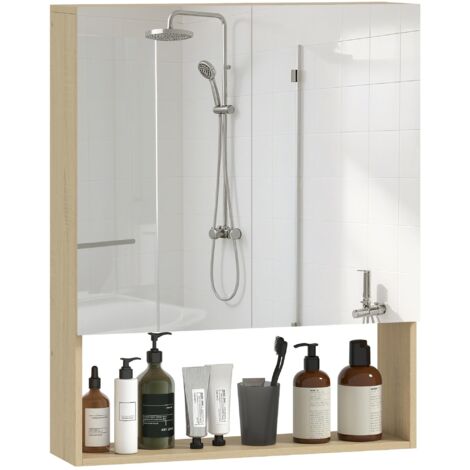 Meuble-lavabo de salle de bain, portes miroir, étagères ouvertes, fixé au mur, panneau de fibres de moyenne densité, panneau de particules, chêne.