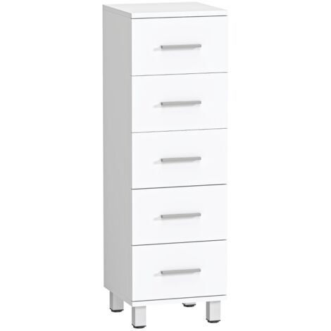 Meuble-lavabo étroit blanc avec 5 tiroirs de rangement, format compact (30 x 30 x 95 cm), idéal pour les petits espaces.
