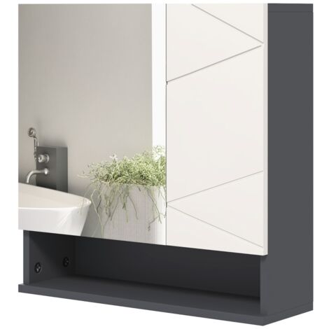 Meuble-lavabo gris pour salle de bain, 55x55cm, avec miroir, étagères réglables, niches ouvertes et fonction antibuée.