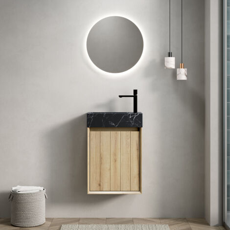 Meuble lavabo mural 40 cm avec plan de travail marbre noir (effet pierre)/meuble stratifié (préinstallé) - Chêne blanc