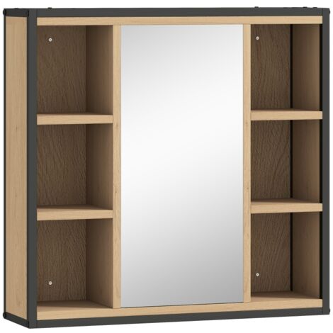 Meuble-lavabo mural avec 6 niches ouvertes, 3 étagères et une élégante finition chêne.