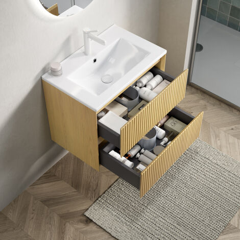 Meuble lavabo mural avec corps en contreplaqué rayé à 2 tiroirs (préinstallé) - Bois naturel - 61 cm