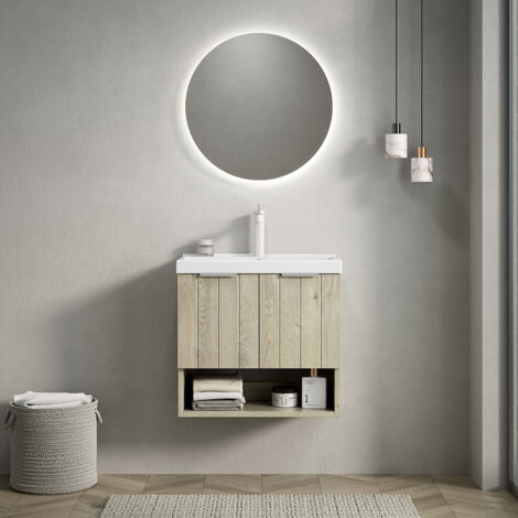 Meuble lavabo mural avec vasque en céramique blanche/meuble à double portes rayées + étagère ouverte - Chêne crème - 55 cm