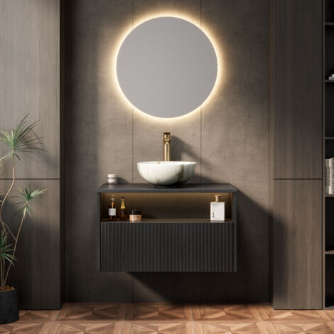 Meuble-lavabo mural de 80 cm, vasque en céramique blanche, motif pierre, armoire en contreplaqué rayé.