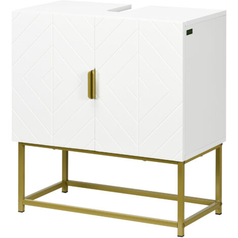 Meuble lavabo salle de bain avec armoire double porte, pieds en métal doré, 60x30x65 cm, blanc