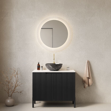 Meuble-lavabo sur pied avec vasque effet pierre noire et portes de rangement rayées. Design, 76 x 48 x 89 cm, Noir