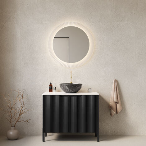 Meuble-lavabo sur pied de 76 cm, vasque à motif pierre noire, plan de travail en pierre frittée blanche.