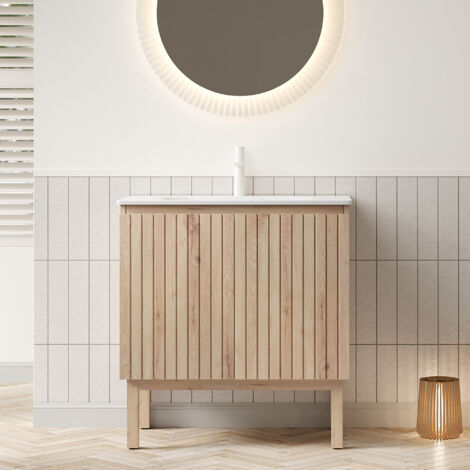Meuble-lavabo sur pied Niko 80 cm, pierre frittée blanche de Carrare, vasque thermoformée, meuble à rayures.