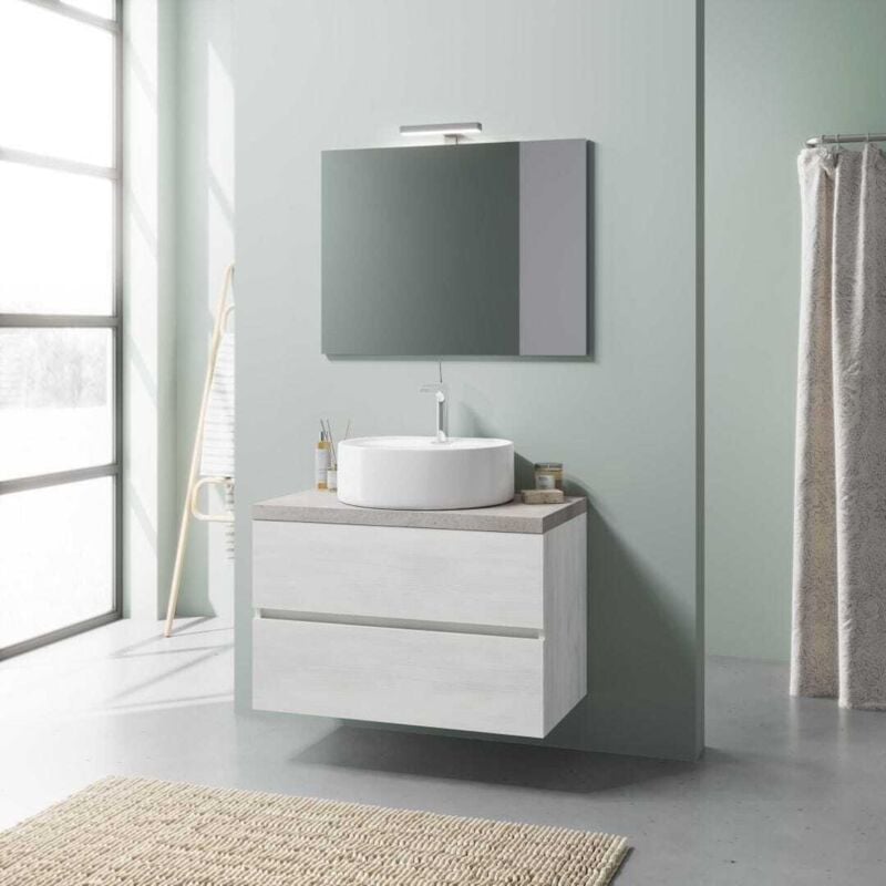 Kiamami Valentina - Meuble-Lavabo Suspendu 80Cm Chêne Blanc Et Beton, Meuble Lavabo Elba