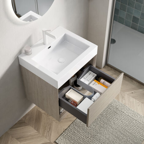 Meuble lavabo suspendu avec vasque rectangulaire monobloc résine blanche/meuble contreplaqué 1 tiroir + étagère ouverte - 55 cm
