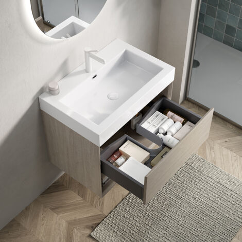 Meuble lavabo suspendu avec vasque rectangulaire monobloc résine blanche/meuble contreplaqué 1 tiroir + étagère ouverte - 70 cm