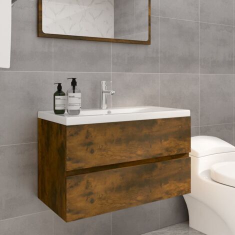 Meuble lavabo，Meuble de rangement avec bassin intégré Chêne fumé Bois d'ingénierie CFW207471