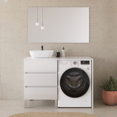 Meuble lave linge 124cm avec plateau et vasque arrondie - 3 tiroirs - blanc - CRUZ
