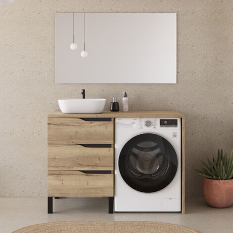 Meuble lave linge 124cm avec plateau et vasque arrondie - 3 tiroirs - madera miel (chêne clair) - SANTA