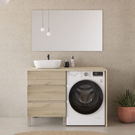 Meuble lave linge 124cm avec plateau et vasque arrondie - 3 tiroirs - nebraska (chêne clair) - CRUZ