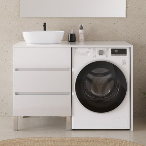 Meuble lave linge 124cm avec plateau et vasque arrondie - sans miroir - 3 tiroirs - blanc - CRUZ
