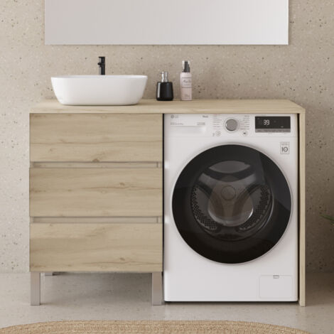 Meuble lave linge 124cm avec plateau et vasque arrondie - sans miroir - 3 tiroirs - nebraska (chêne clair) - CRUZ