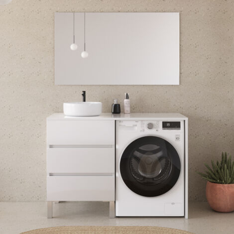 Meuble lave linge 124cm avec plateau et vasque ronde - 3 tiroirs - blanc - CRUZ