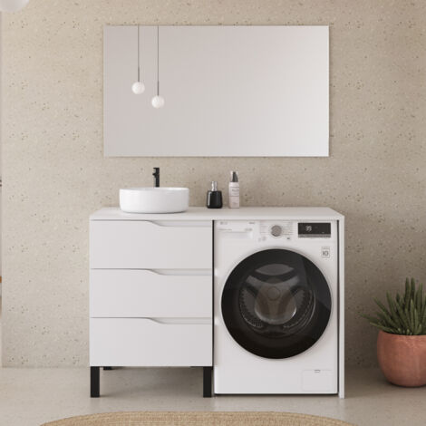 Meuble lave linge 124cm avec plateau et vasque ronde - 3 tiroirs - blanc - SANTA