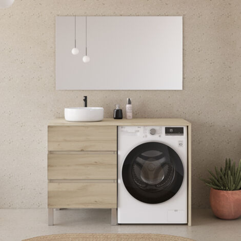 Meuble lave linge 124cm avec plateau et vasque ronde - 3 tiroirs - nebraska (chêne clair) - CRUZ