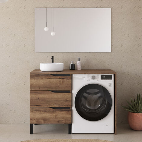 Meuble lave linge 124cm avec plateau et vasque ronde - 3 tiroirs - tabacco (chêne foncé) - SANTA