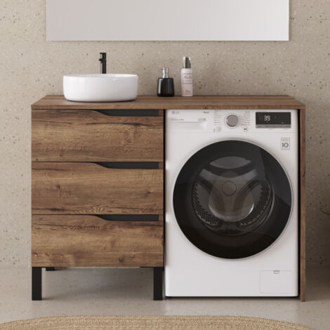 Meuble lave linge 124cm avec plateau et vasque ronde - sans miroir - 3 tiroirs - tabacco (chêne foncé) - SANTA