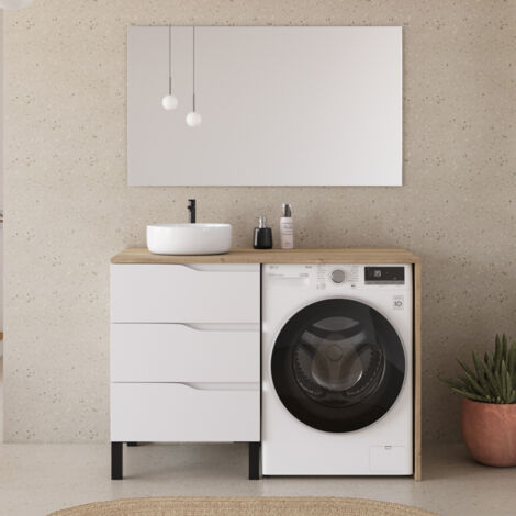 Meuble lave linge 124cm avec plateau miel et vasque ronde - 3 tiroirs - blanc/madera miel (chêne clair) - SANTA