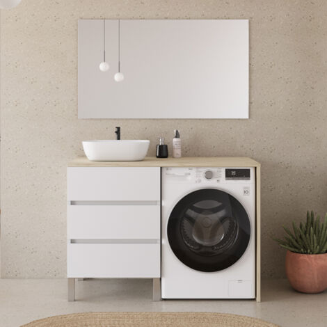 Meuble lave linge 124cm avec plateau nebraska et vasque arrondie - 3 tiroirs - blanc/nebraska (chêne clair) - CRUZ
