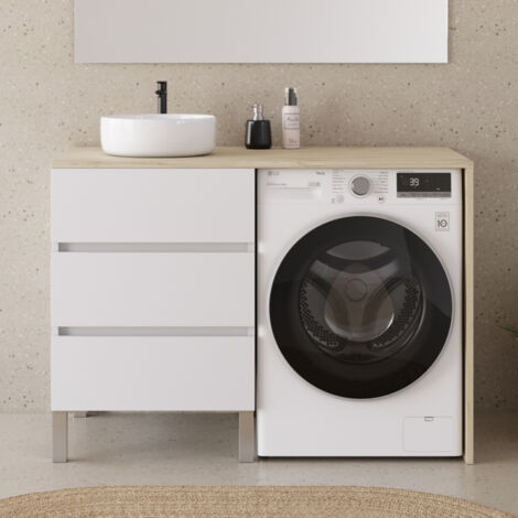 Meuble lave linge 124cm avec plateau nebraska et vasque ronde - sans miroir - 3 tiroirs - blanc/nebraska (chêne clair) - CRUZ