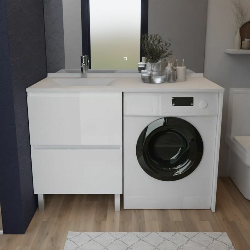 Cuisibane - Meuble pour lave-linge idea, plan vasque déportée 124 cm x 65 cm- Blanc- Vasque à gauche