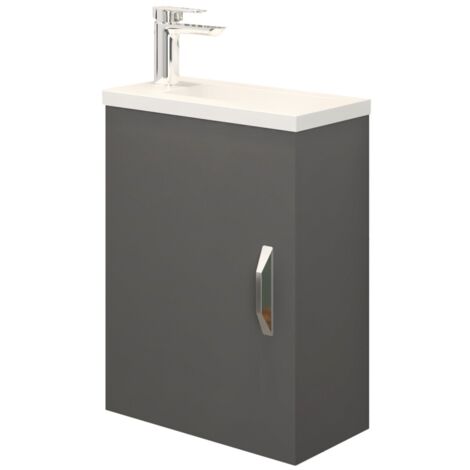 Ensemble meuble lave-mains gris anthracite – Dimensions 40x54x22 cm – Porte réversible à fermeture ralentie – Plan vasque en résine sans trop-plein – Anconetti
