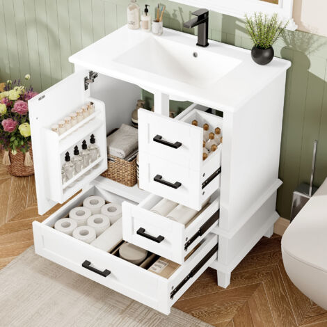 Meuble lave-mains 76x46x83,5 cm, meuble lave mains à poser, meuble de salle de bain à poser, avec lavabo, plan vasque, 3 tiroirs, vasque intégrée en céramique - Blanc