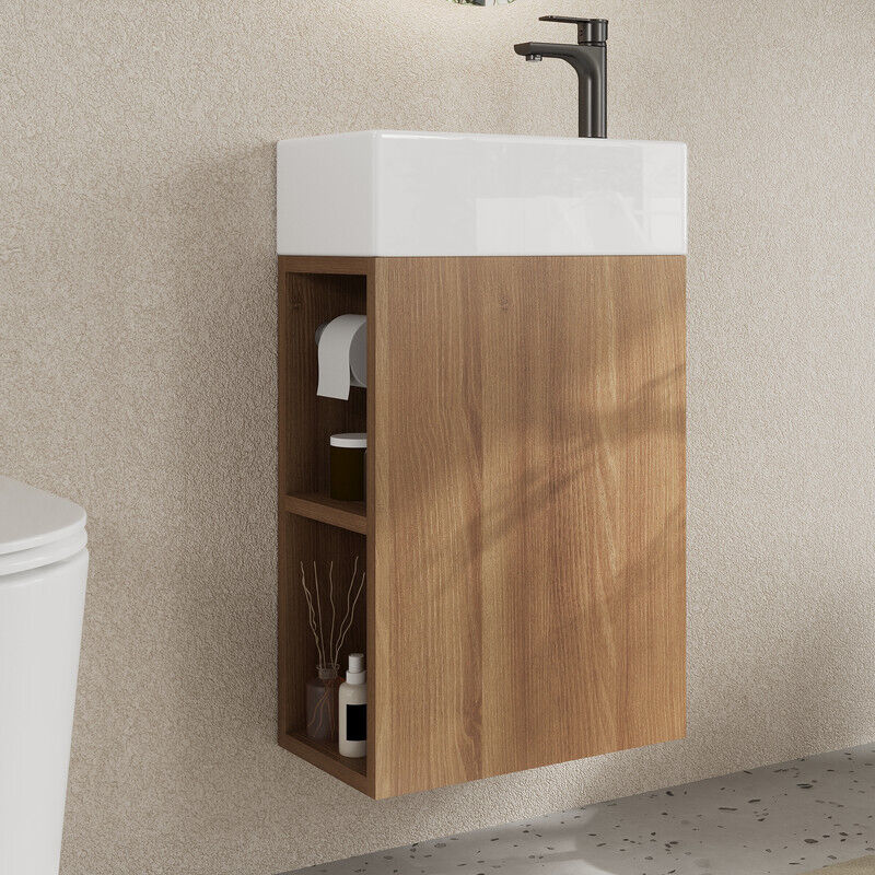Meuble lave mains avec vasque rectangulaire en céramique blanche mate – Pour petit espace DeerValley