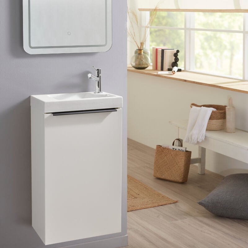 Meuble lave mains wc blanc mat sans robinetterie - L.42.5 x h. 72.5 cm - pour robinetterie à droite - Austral