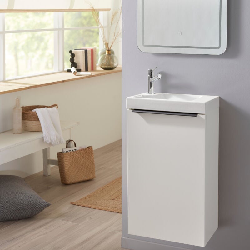 Meuble lave mains wc blanc mat sans robinetterie - L.42.5 x h. 72.5 cm - pour robinetterie à gauche - Austral