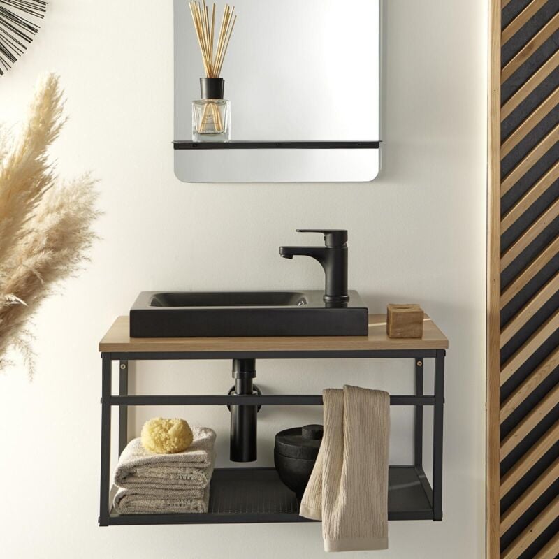 Mob-in - Ensemble meuble lave-mains vasque noire wilo avec robinet noir