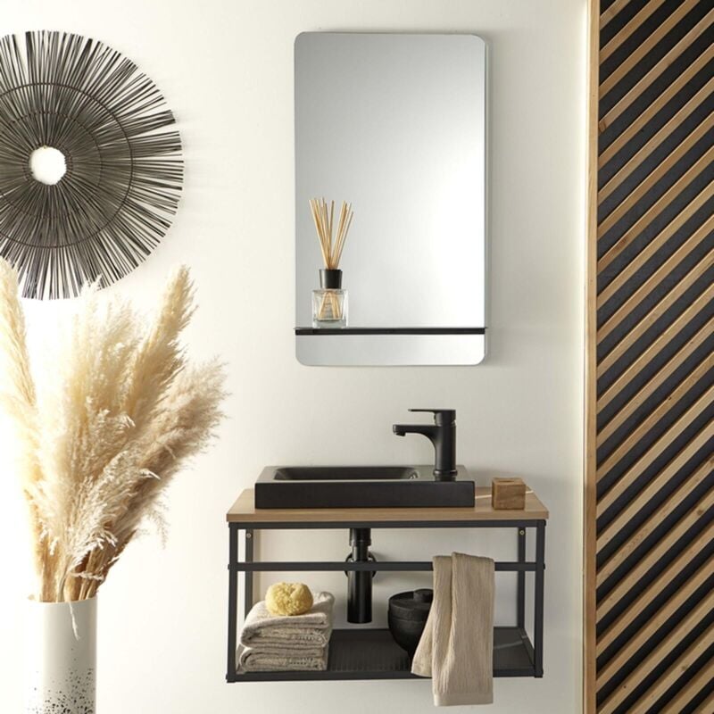 Mob-in - Ensemble meuble lave-mains vasque noire wilo + miroir + robinet noir