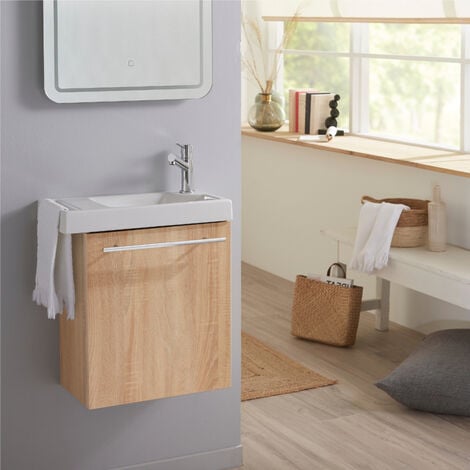 PLANETEBAIN Meuble Lave mains couleur chêne oak Bordolino pour toilette avec robinet eau froide à droite