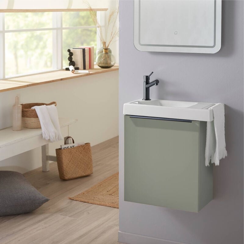 Meuble lave-mains Vert avec poignée noire et porte serviette - Mitigeur à gauche - L.48 x h. 52.5 cm - Houston