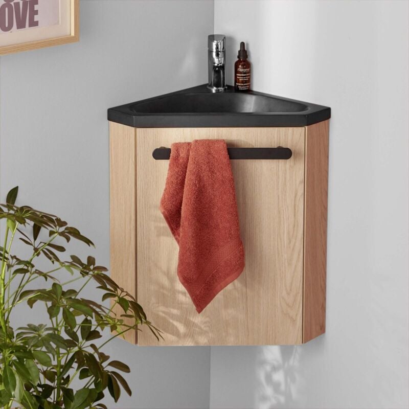Ensemble meuble lave-mains d'angle décor chêne vasque noire skino avec robinet chromé