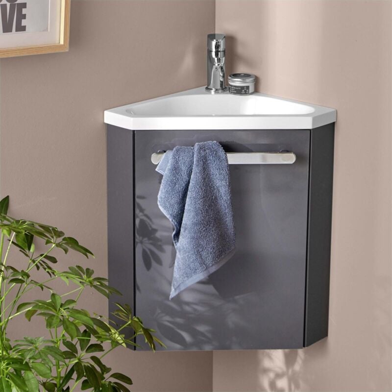Mob-in - Ensemble meuble lave-mains d'angle gris skino avec robinet chromé