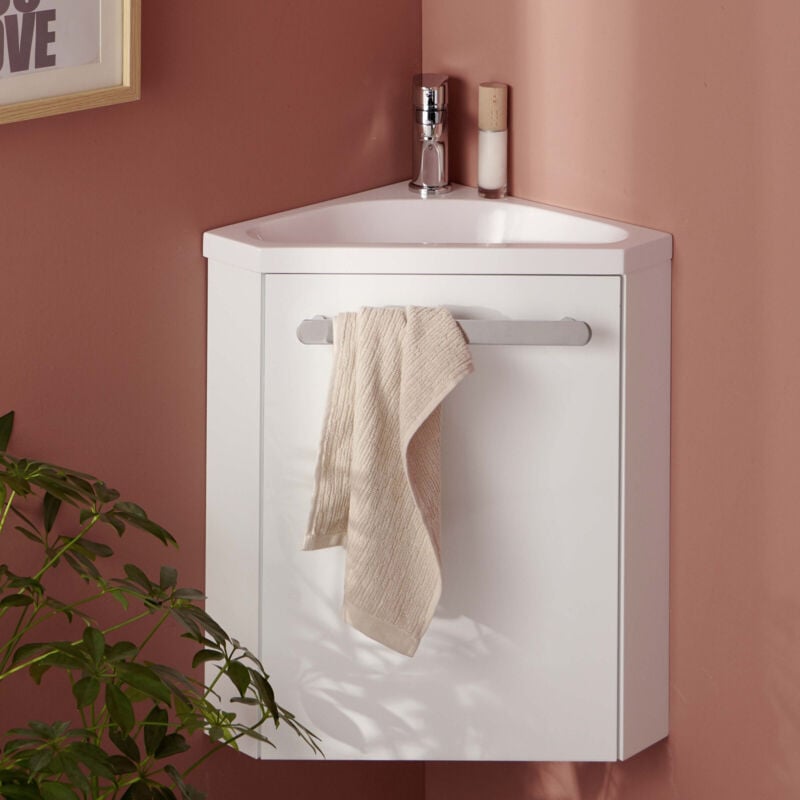 Ensemble meuble lave-mains d'angle blanc SKINO avec robinet chromé