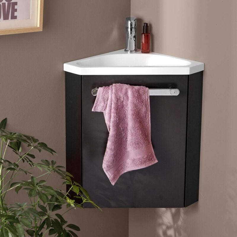 Mob-in - Ensemble meuble lave-mains d'angle noir skino avec robinet chromé