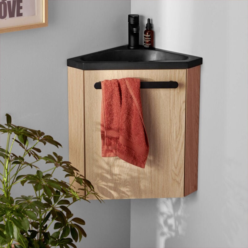 Ensemble meuble lave-mains d'angle décor chêne vasque noire skino avec robinet noir