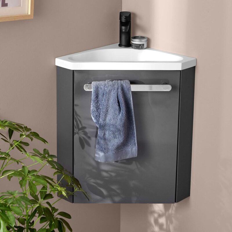Mob-in - Ensemble meuble lave-mains d'angle gris skino avec robinet noir